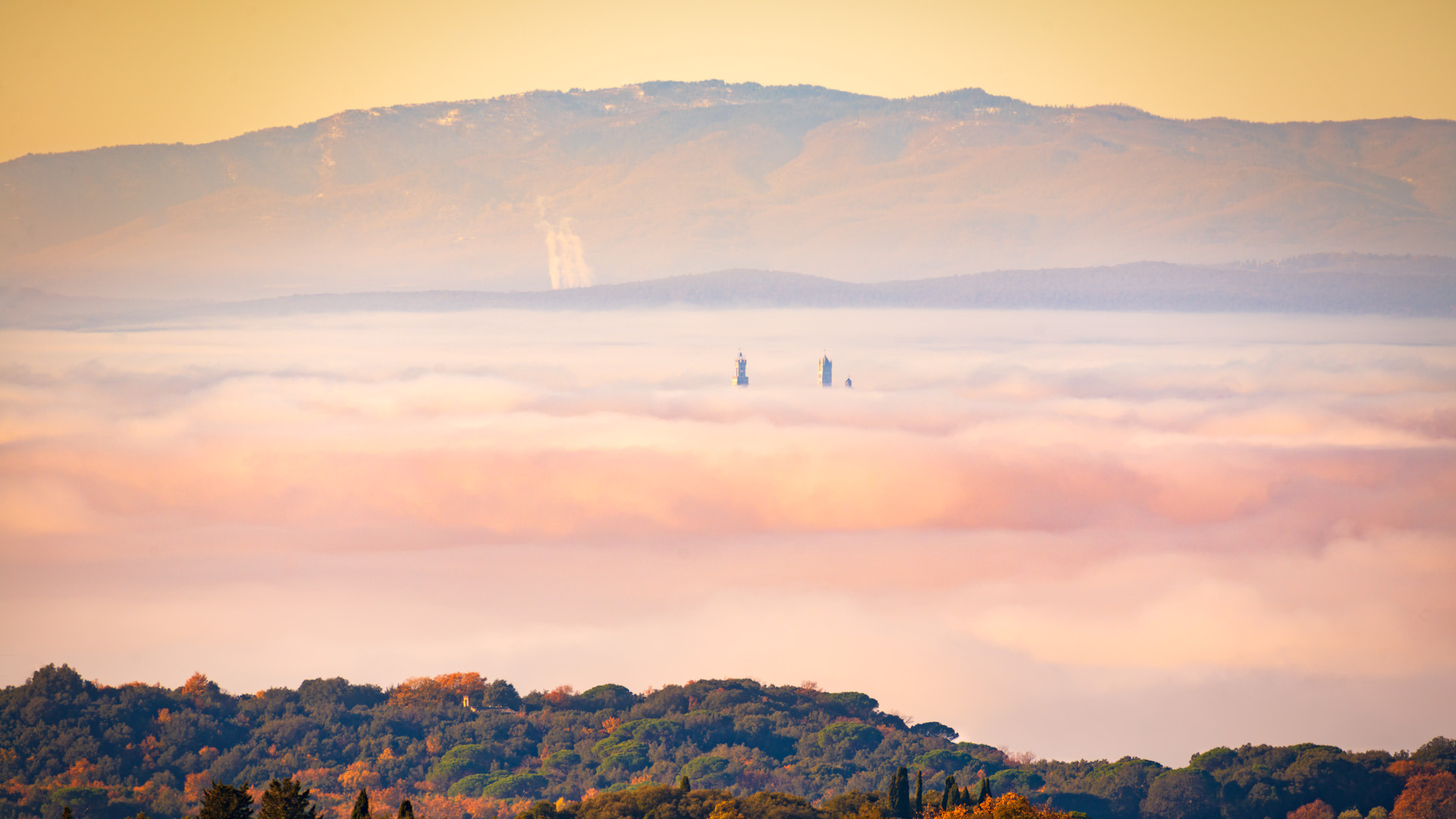torri di siena nel lago di nebbia torri di siena nel lago di nebbia